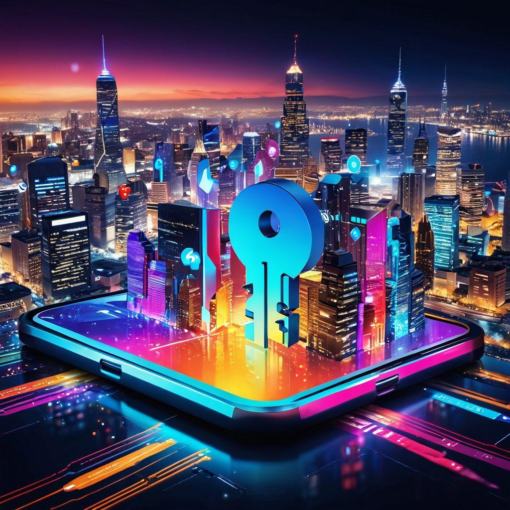An innovative digital landscape showcasing a glowing key unlocking a giant pixelated click icon, surrounded by colorful social media logos and engagement metrics like graphs and likes, symbolizing the unlocking of brand potential. The background features a futuristic city skyline representing the digital age, filled with vibrant colors and dynamic shapes. super-realistic. vibrant colors. 3D.