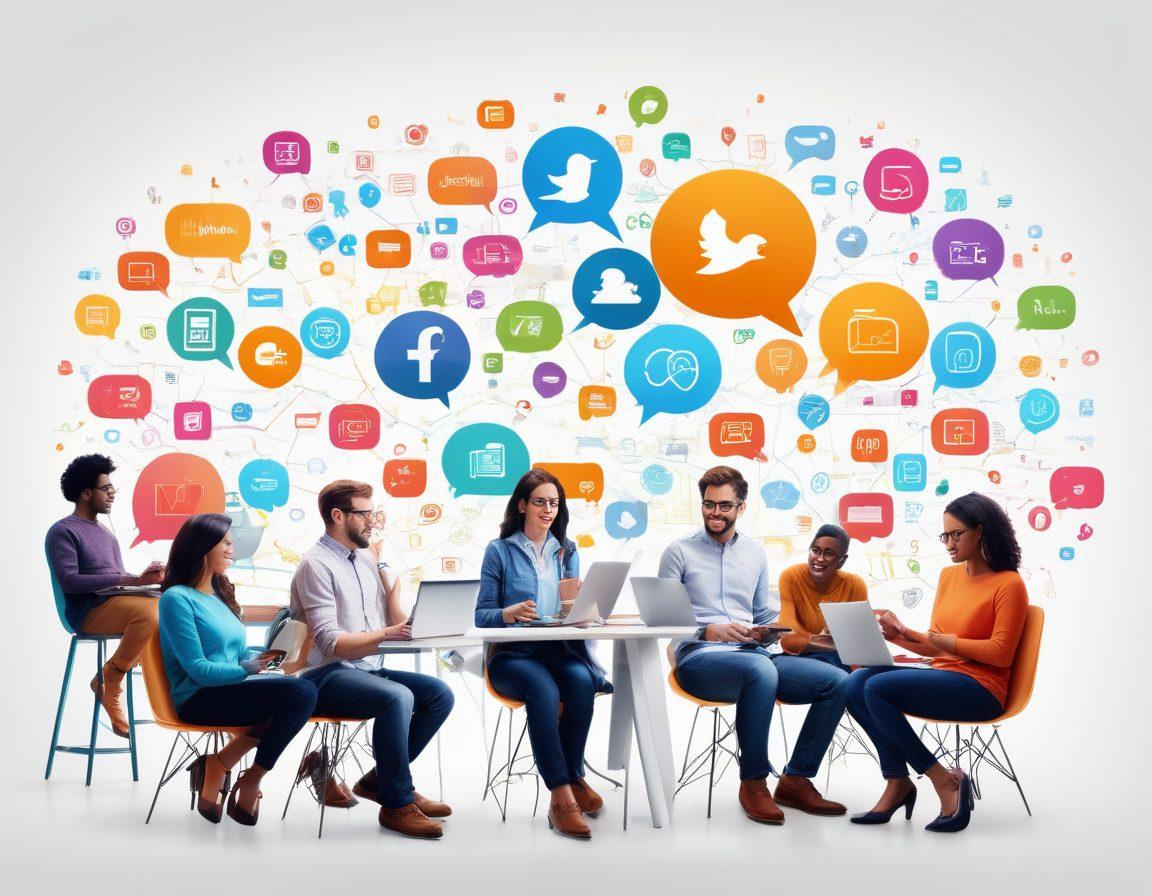 A diverse group of people engaging with various digital devices, showcasing a colorful array of online advertisements in the background. Include elements like social media icons, analytics graphs, and interaction bubbles to symbolize effective consumer outreach. The scene should convey a sense of dynamism and innovation in online advertising. modern illustration. vibrant colors. clean white background.