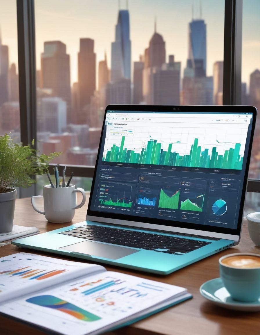 A modern workspace featuring a sleek laptop with a digital marketing dashboard on the screen, surrounded by notebooks and a coffee cup, set against a backdrop of a city skyline. Incorporate elements like graphs, charts, and lightbulbs to symbolize innovation and strategies in click marketing. Use a color palette of blues and greens to convey professionalism. super-realistic. vibrant colors. 3D.